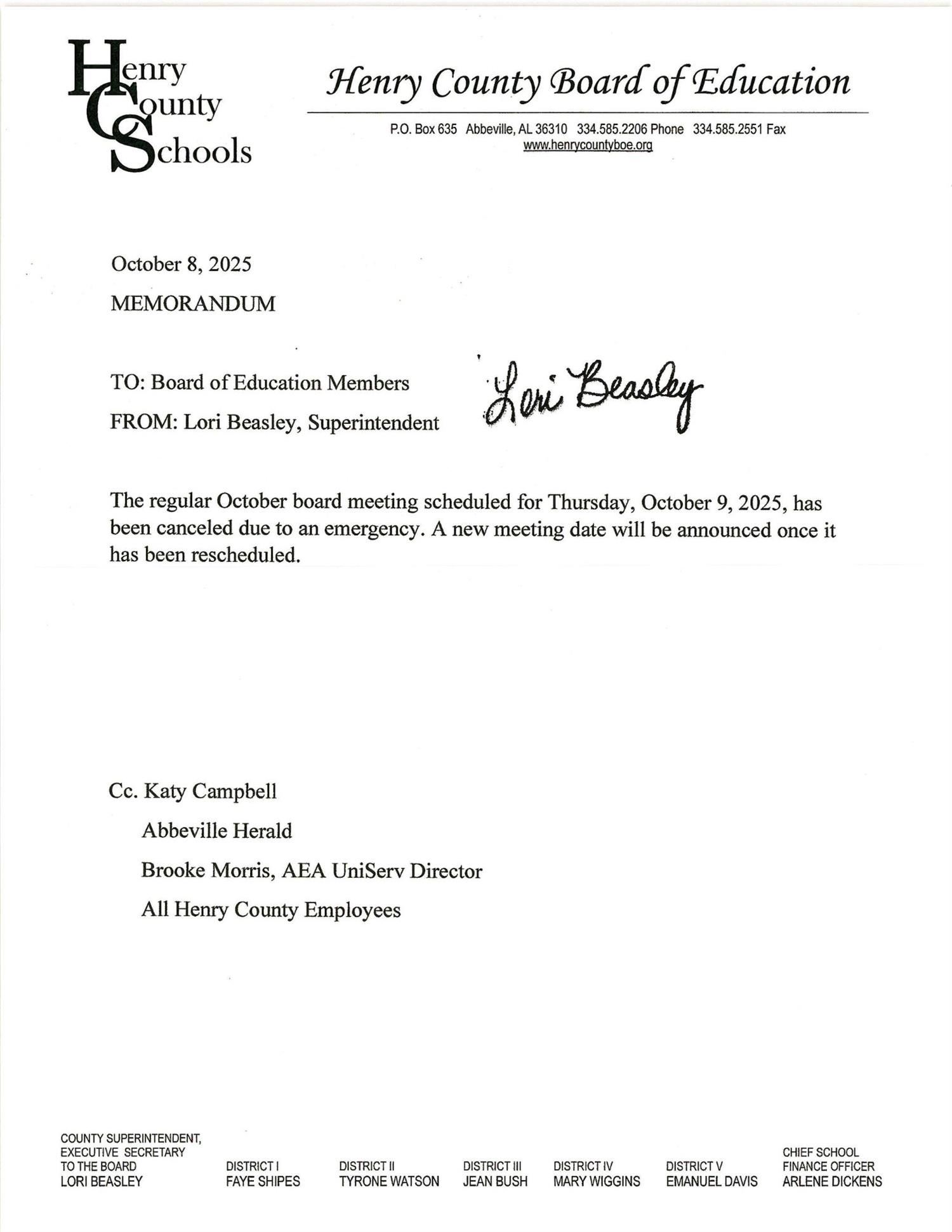 The October board meeting has been canceled due to an emergency. A new date will be announced once it has been rescheduled.
